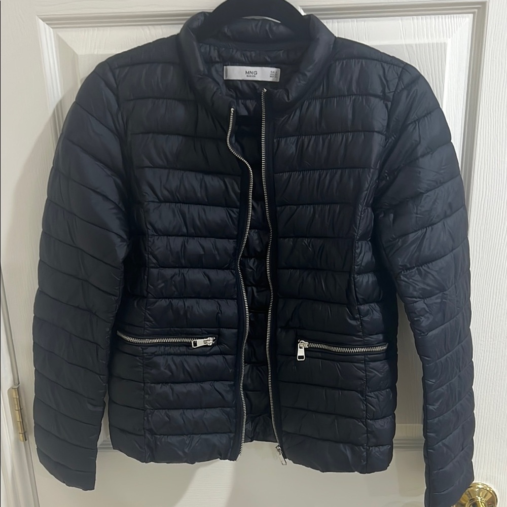 Mango Black Puffer Jacket with Zipper Accents